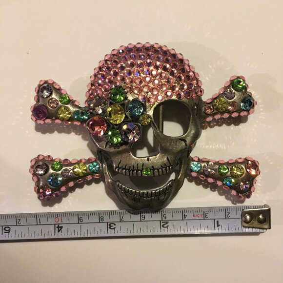 Skull Pin Brooch Rhinestones Pink Pirate Halloween Goth Sparkle Large 4” X 3” - Picture 3 of 15